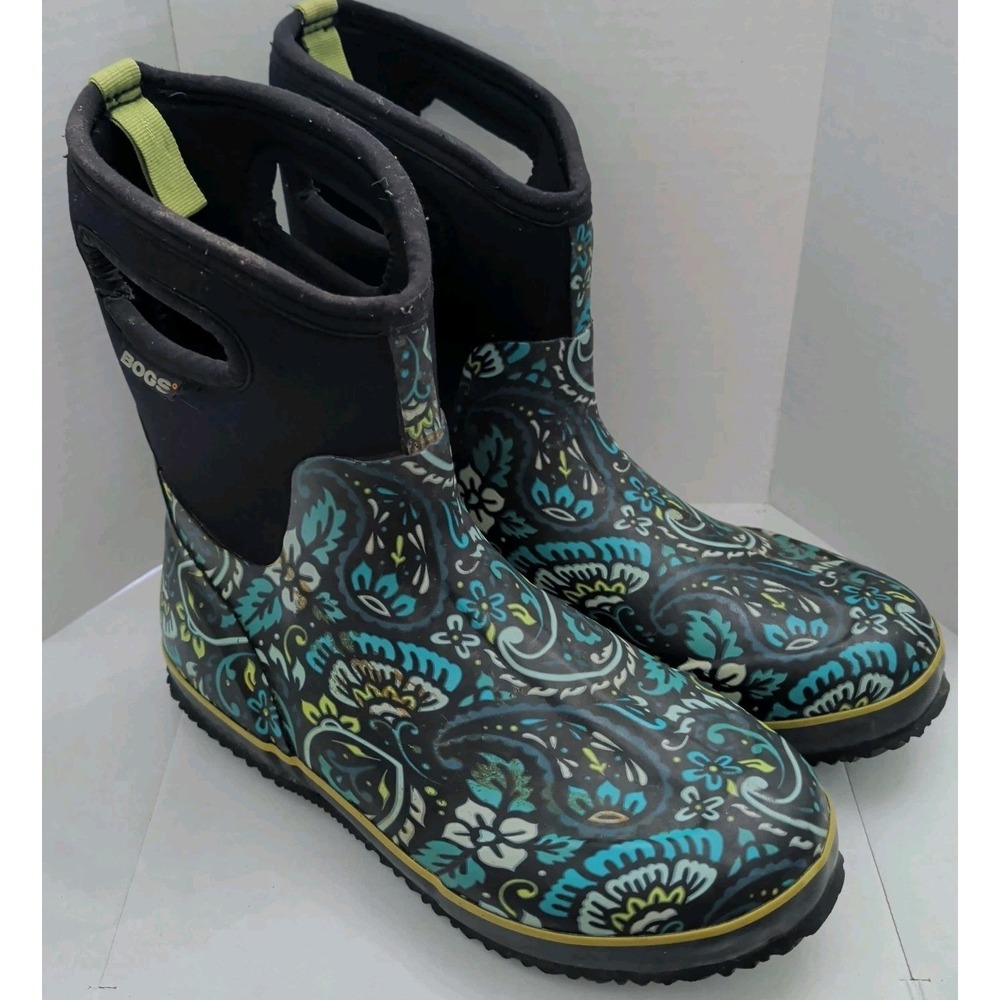 Bogs Mid Tuscany Pull On Boots Sz 11 Blue Floral Muck Barn Chore Utility